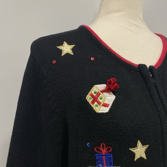 VTG Tiara Int'l M Black Ugly Christmas Sweater Zipper Cardigan Santa Embroidered - Picture 5 of 16